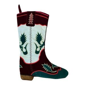 Western velvet cowboy boot Christmas stocking country Holiday decor cowgirl EUC